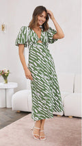 Brooke Printed V-Neck A-Line Midi Dress - Elegant Occasion Dress for Women