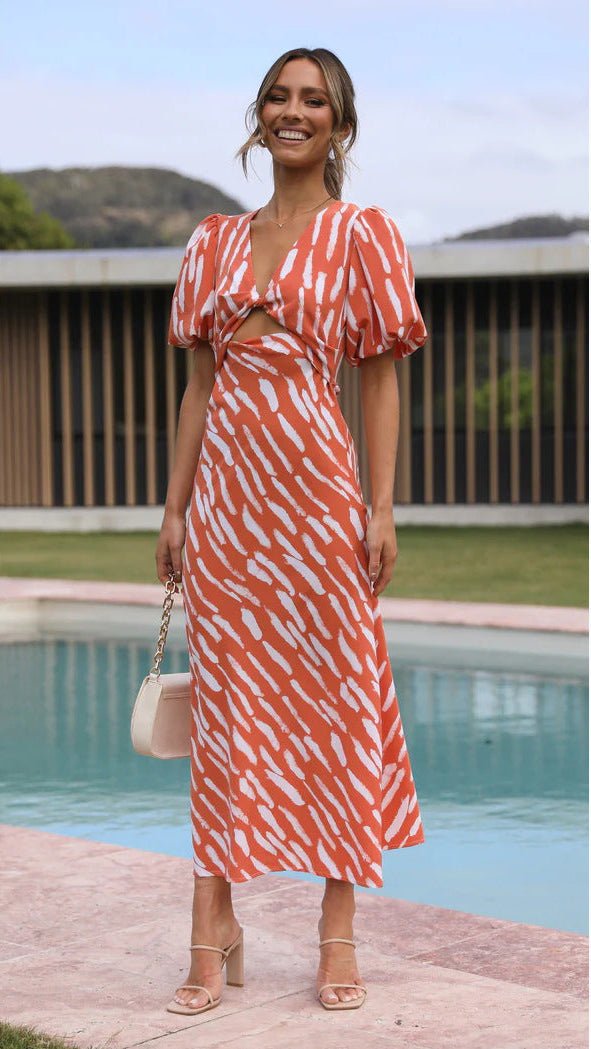 Brooke Printed V-Neck A-Line Midi Dress - Elegant Occasion Dress for Women - Image 2