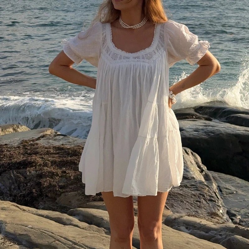 Sophia Vintage Puff Sleeve Babydoll Mini Dress - Flowy A-Line Summer Dress, White - Image 2