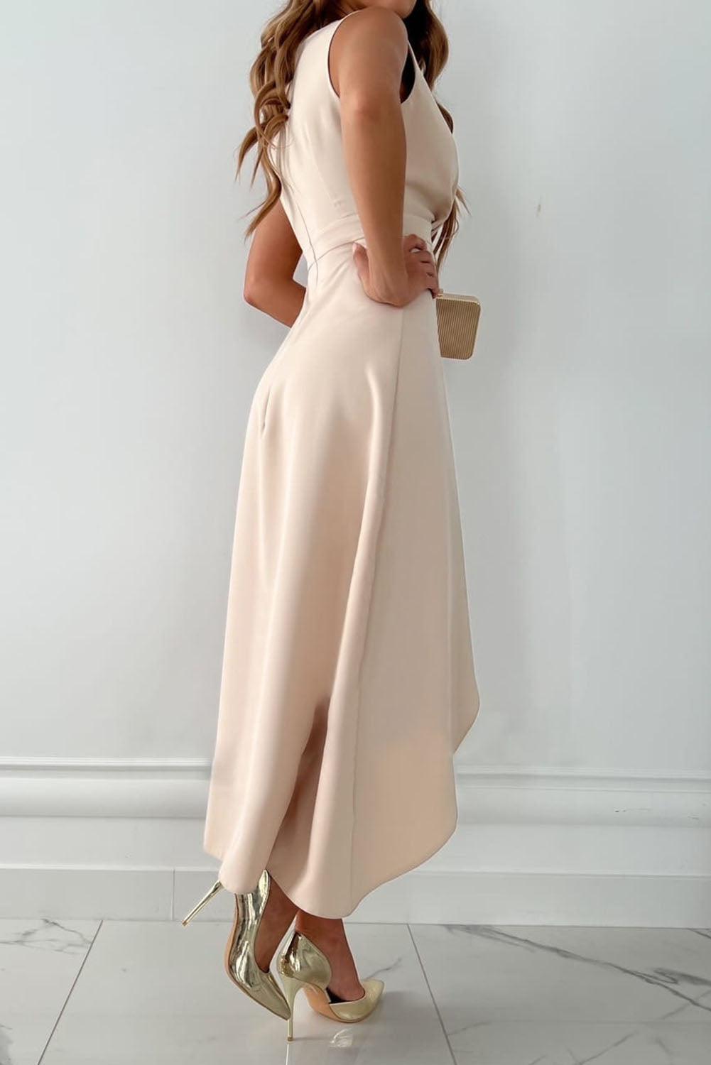 Celeste V-Neck Asymmetrical Hem Midi Dress - Elegant Occasion Dress for Women - Image 4