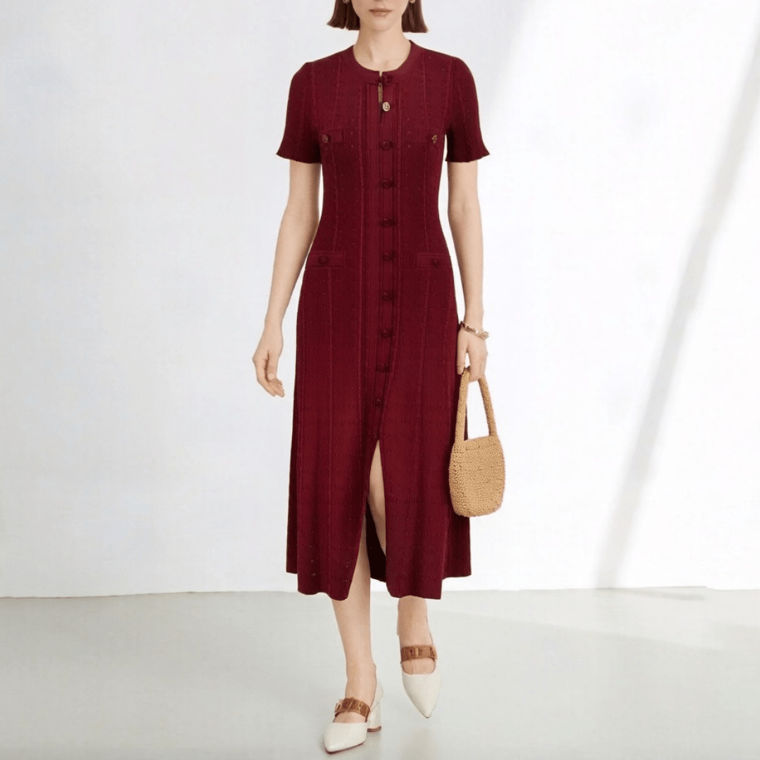 Brigette French V-Neck Knitted Slit Dress - Elegant Occasion Dress for Women - Image 3
