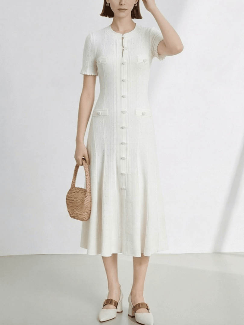 Brigette French V-Neck Knitted Slit Dress - Elegant Occasion Dress for Women
