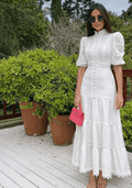 Isabelle Eyelet Lace Puff Sleeves Midi Dress - Elegant Occasion Dress for Women - Image 2