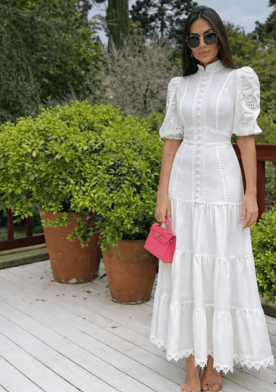 Isabelle Eyelet Lace Puff Sleeves Midi Dress - Elegant Occasion Dress for Women - Image 2