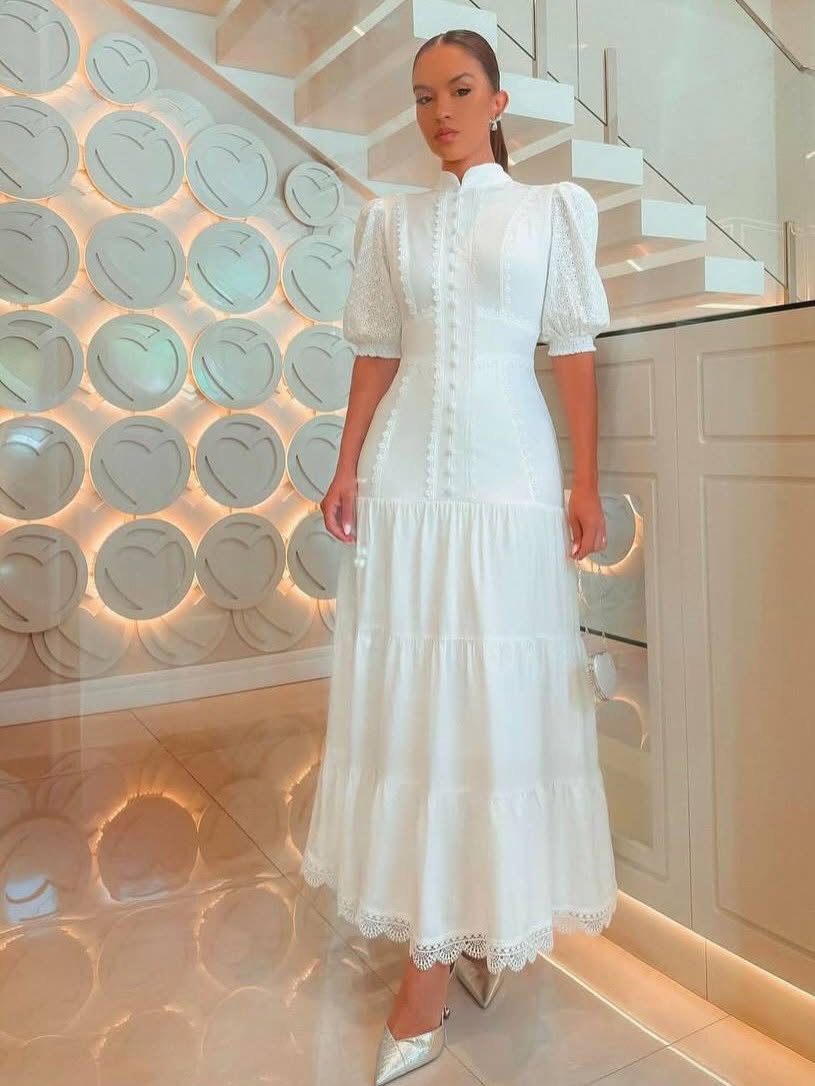 Isabelle Eyelet Lace Puff Sleeves Midi Dress - Elegant Occasion Dress for Women
