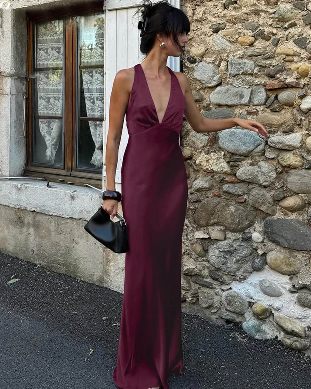 Joyce Wine Red Satin Halter Maxi Dress - Elegant Occasion Dress for Women - Image 3