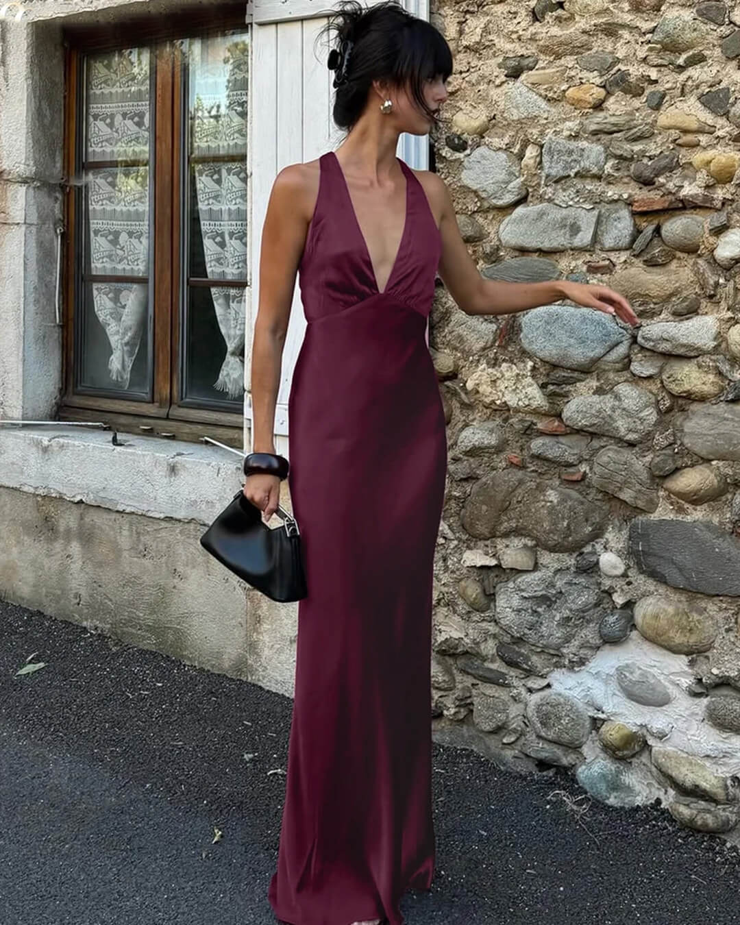 Joyce Wine Red Satin Halter Maxi Dress - Elegant Occasion Dress for Women - Image 3