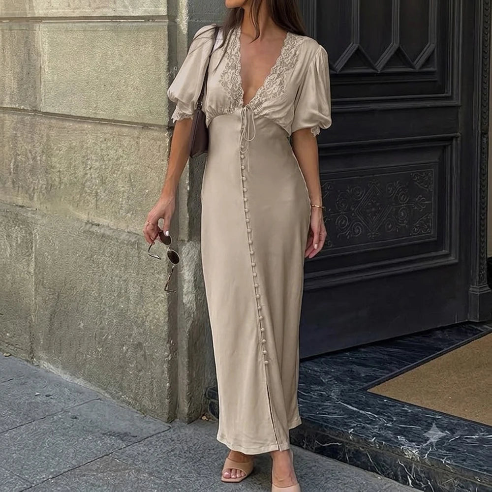 Sophia Puff Sleeve Lace-Up Maxi Dress - Elegant Occasion Dress for Women