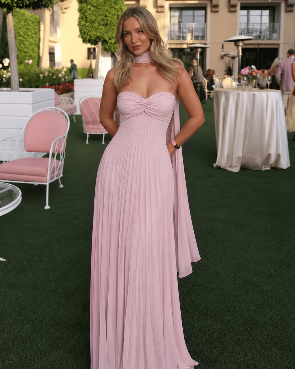 Olivia Mesh Maxi Dress with Scarf - Elegant Occasion Dress for Women