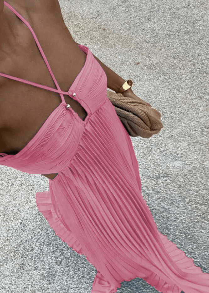 Aisen Women's Crinkle Chiffon Maxi Dress - Flowy Lightweight Summer Dress, Pink - Image 2