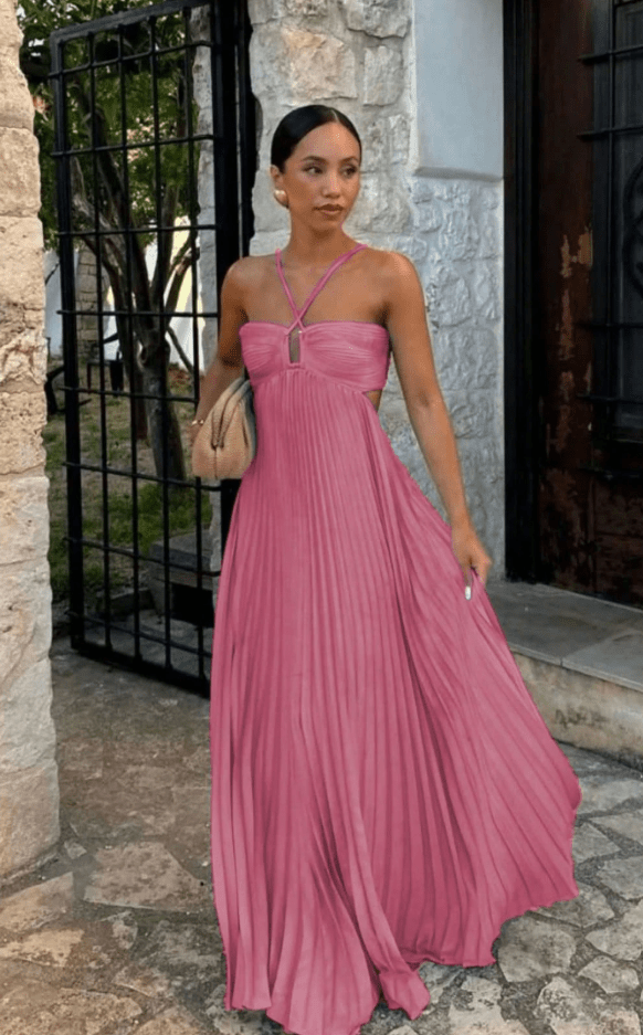 Aisen Women's Crinkle Chiffon Maxi Dress - Flowy Lightweight Summer Dress, Pink