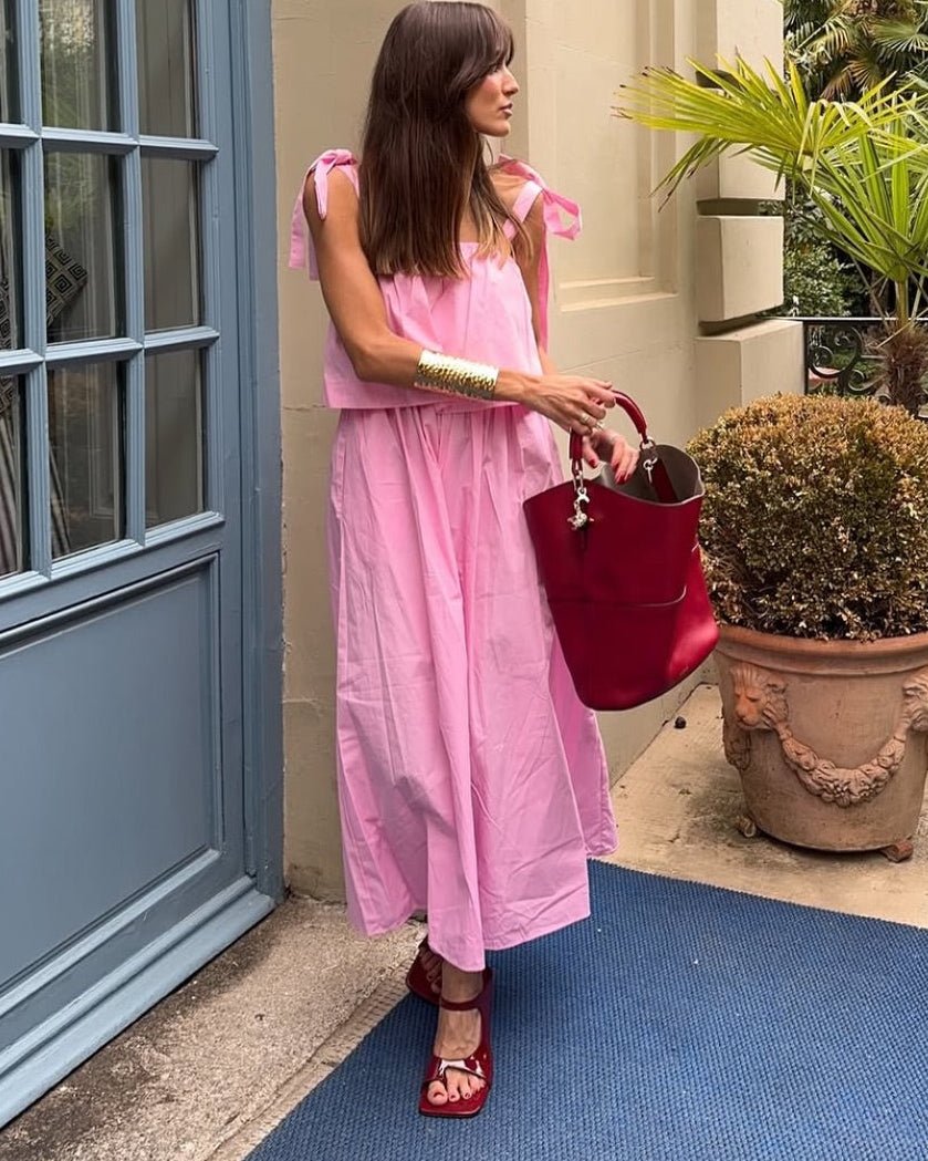 Sophia Pink Bow Tiered Midi Dress - Elegant Occasion Dress for Women