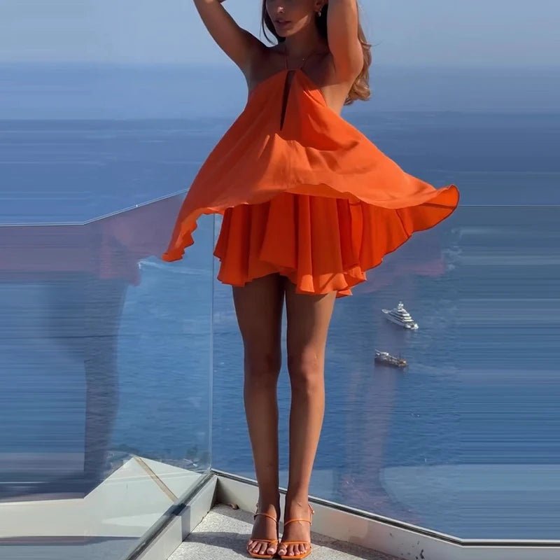 Sophie Women's Ruffle Halter Mini Dress - Open Back, White or Orange - Image 3