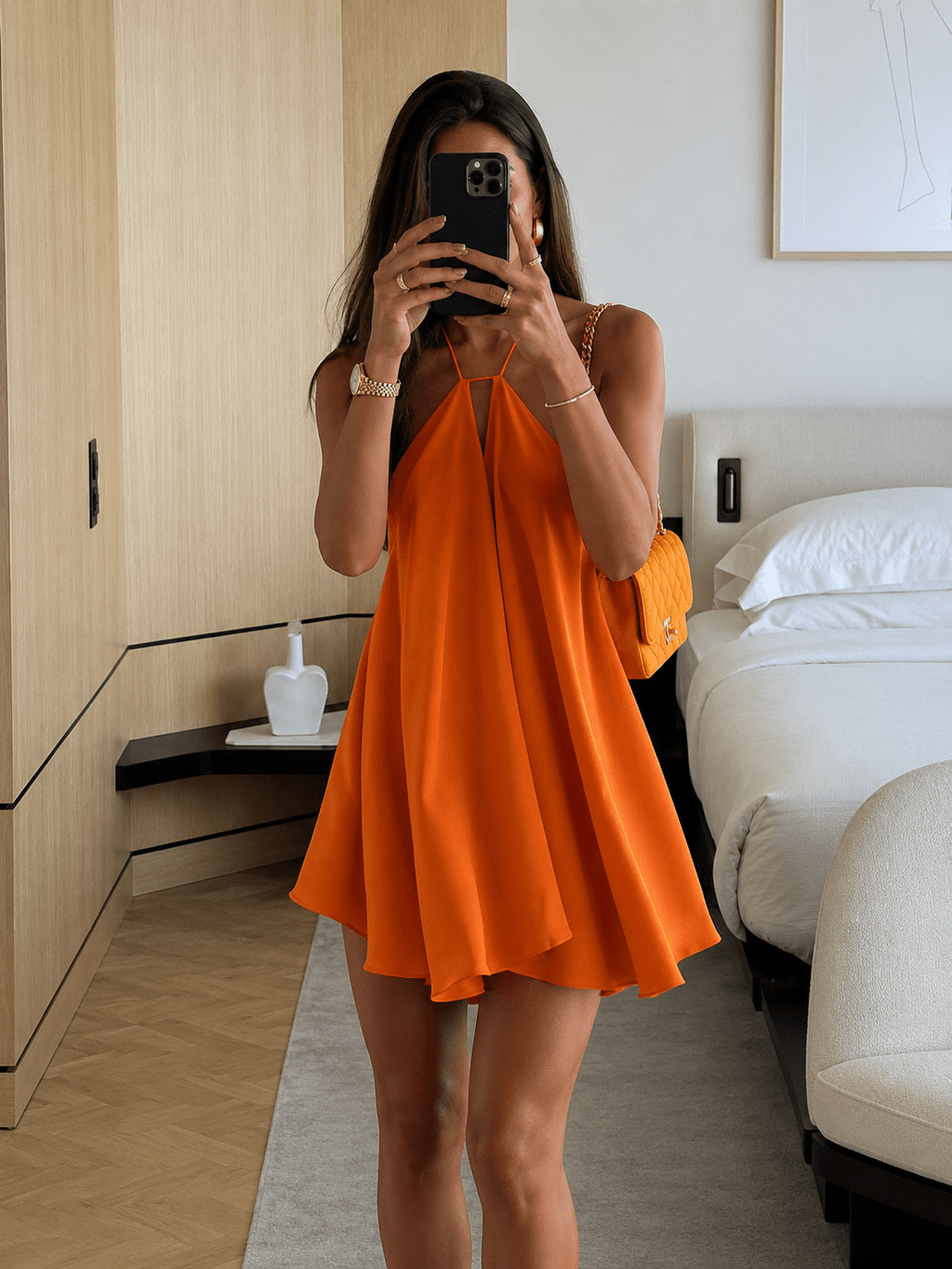 Sophie Women's Ruffle Halter Mini Dress - Open Back, White or Orange