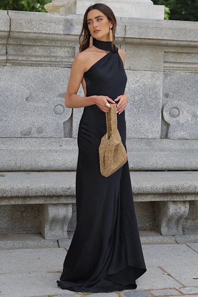 Suri Satin Halter Neck Maxi Dress - Backless Formal Cape Dress - Image 5