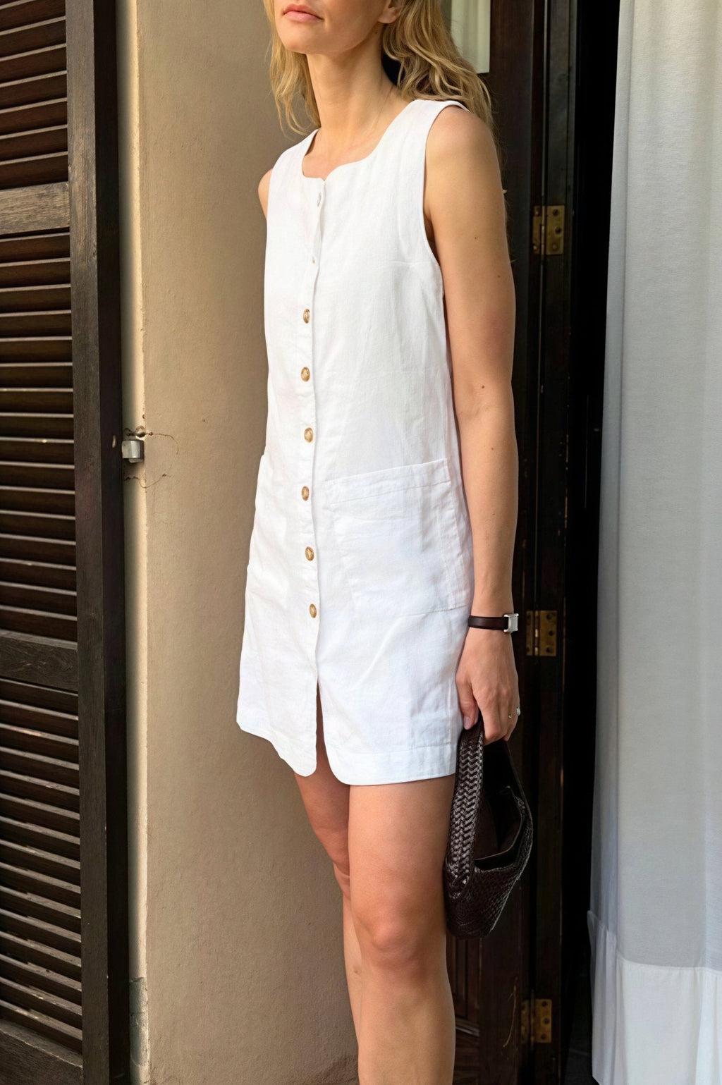 Themis Linen Square Neck Button Mini Dress - Elegant Occasion Dress for Women - Image 3