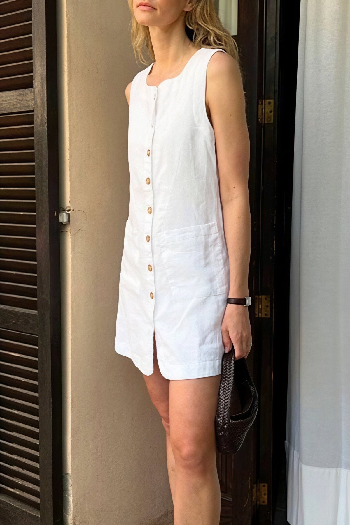 Themis Linen Square Neck Button Mini Dress - Elegant Occasion Dress for Women - Image 3