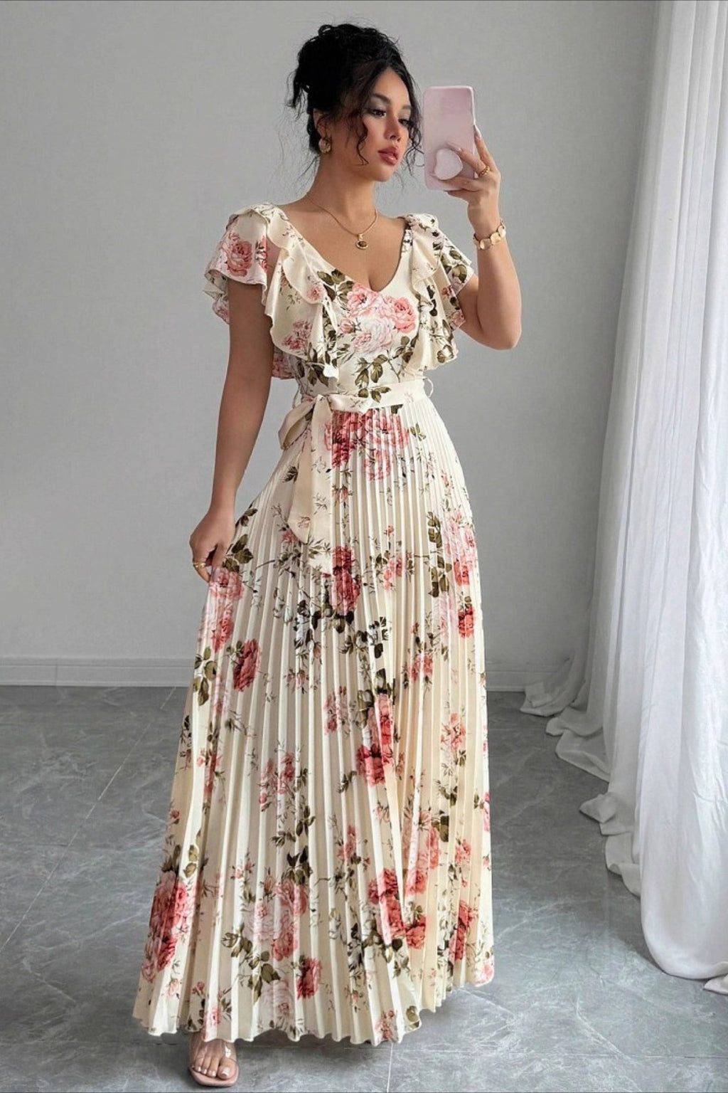 Valentina Floral V-Neck Ruffle Sleeve Maxi Dress - Elegant Occasion Dress for Women