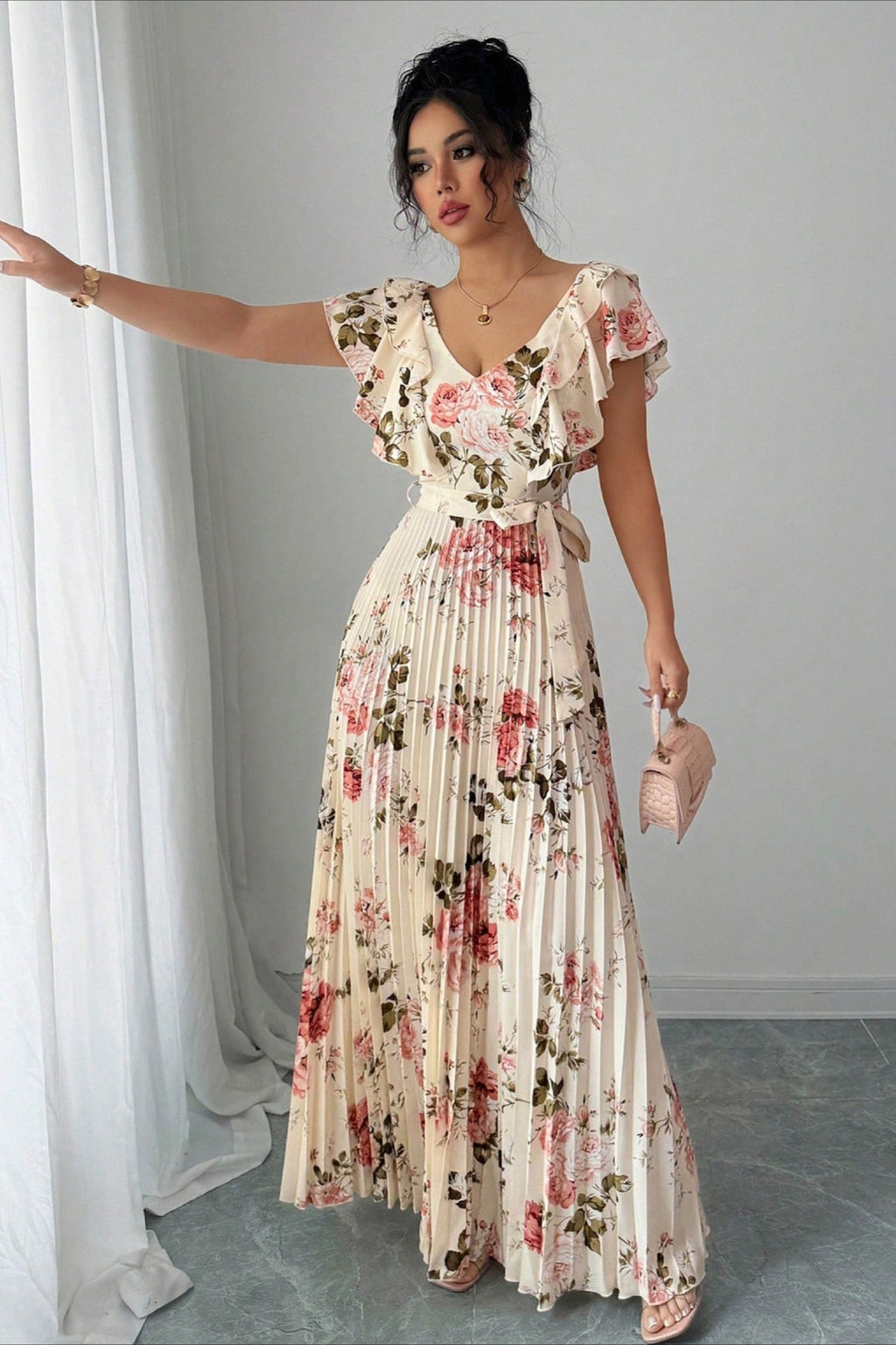 Valentina Floral V-Neck Ruffle Sleeve Maxi Dress - Elegant Occasion Dress for Women - Image 2