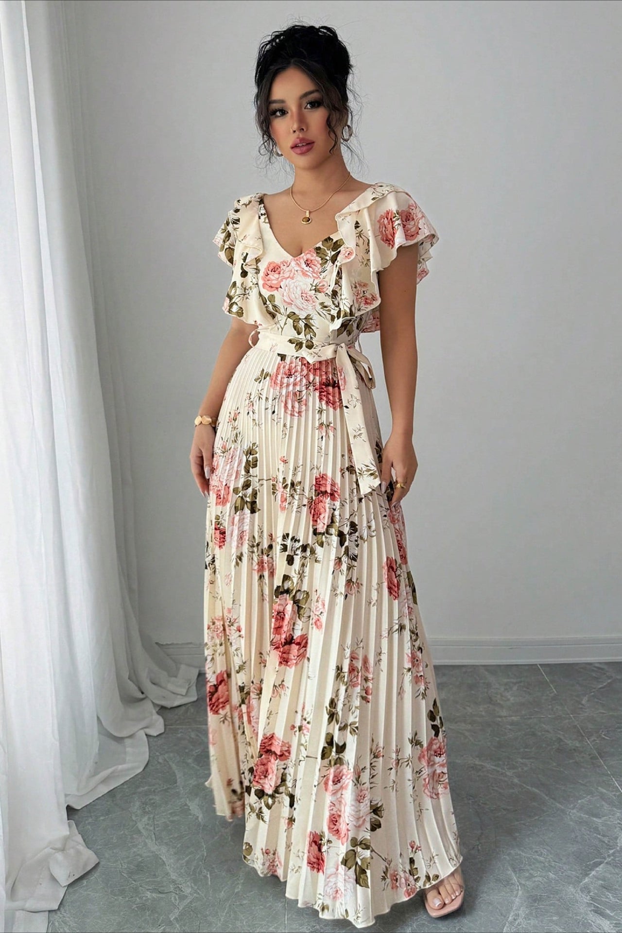 Valentina Floral V-Neck Ruffle Sleeve Maxi Dress - Elegant Occasion Dress for Women - Image 3