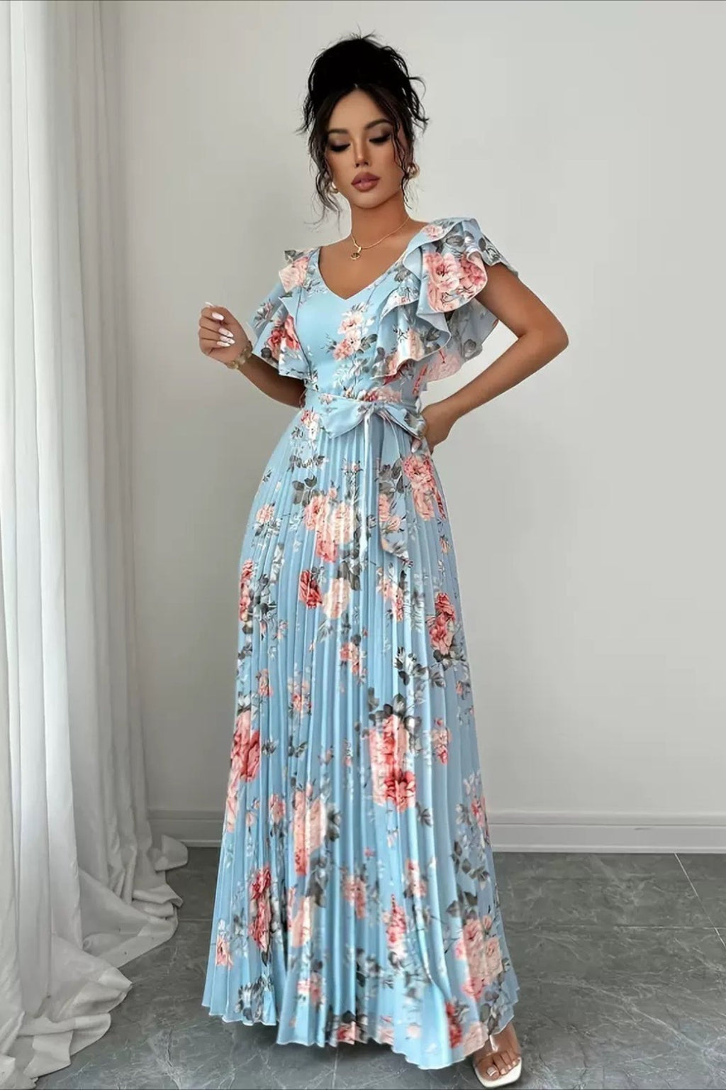 Valentina Floral V-Neck Ruffle Sleeve Maxi Dress - Elegant Occasion Dress for Women - Image 8