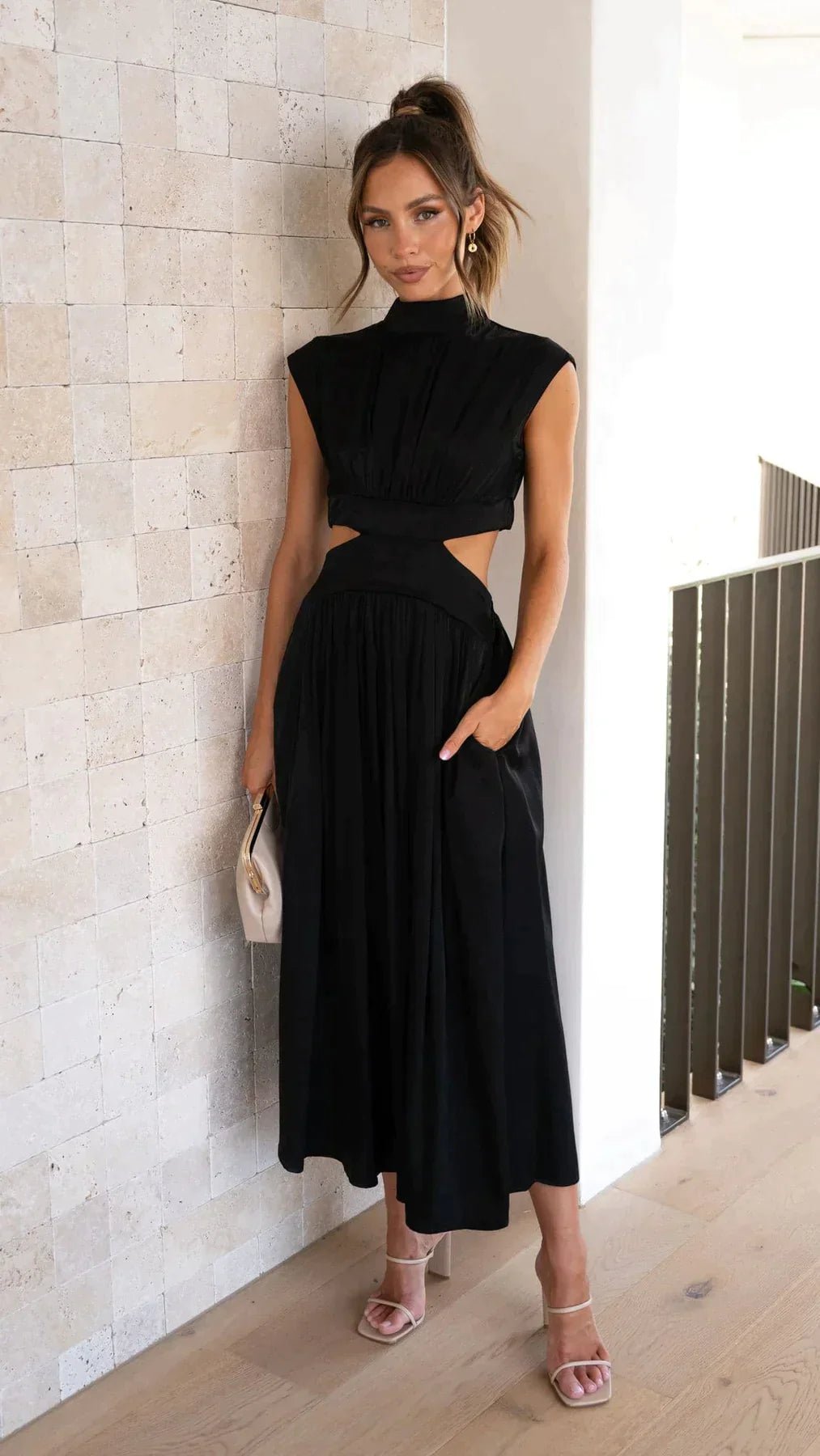 Valentina High-Neck Midi Dress with Waist Cutouts - Elegant Occasion Dress for Women