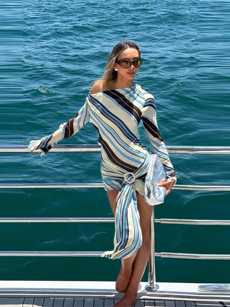 Valentina Blue Striped Long Sleeve Mini Dress with Asymmetrical Collar - Image 3