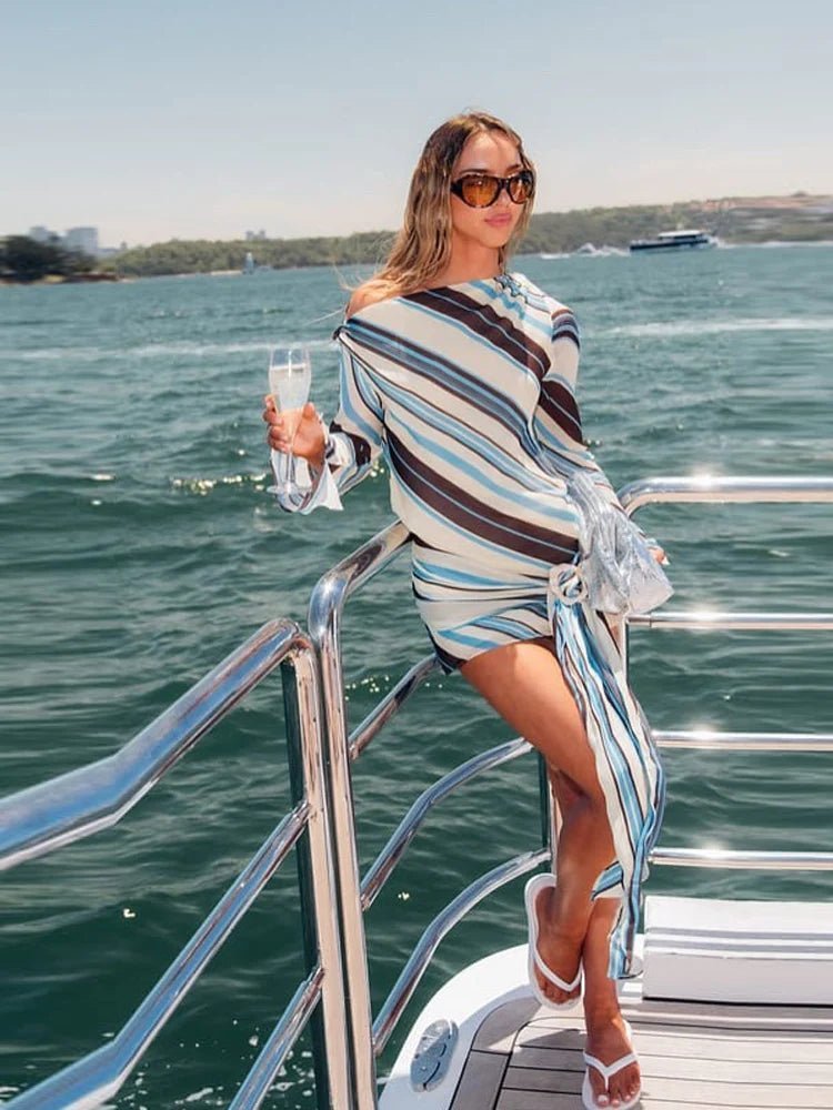 Valentina Blue Striped Long Sleeve Mini Dress with Asymmetrical Collar