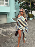 Valentina Blue Striped Long Sleeve Mini Dress with Asymmetrical Collar - Image 2