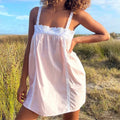 Violet Flowy Lace Trim Babydoll Mini Dress - Casual Summer Spaghetti Strap Sundress - Image 2