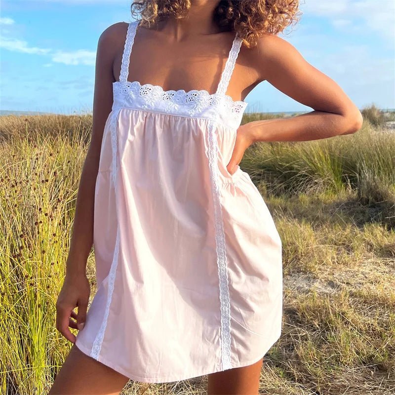 Violet Flowy Lace Trim Babydoll Mini Dress - Casual Summer Spaghetti Strap Sundress - Image 2