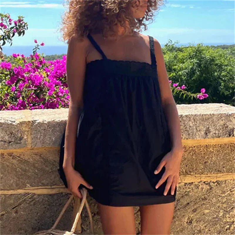 Violet Flowy Lace Trim Babydoll Mini Dress - Casual Summer Spaghetti Strap Sundress - Image 5