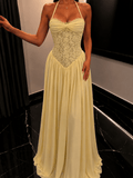 Gloria Halter Corset Maxi Dress - Yellow Chiffon Wedding Guest Formal Dress - Image 2