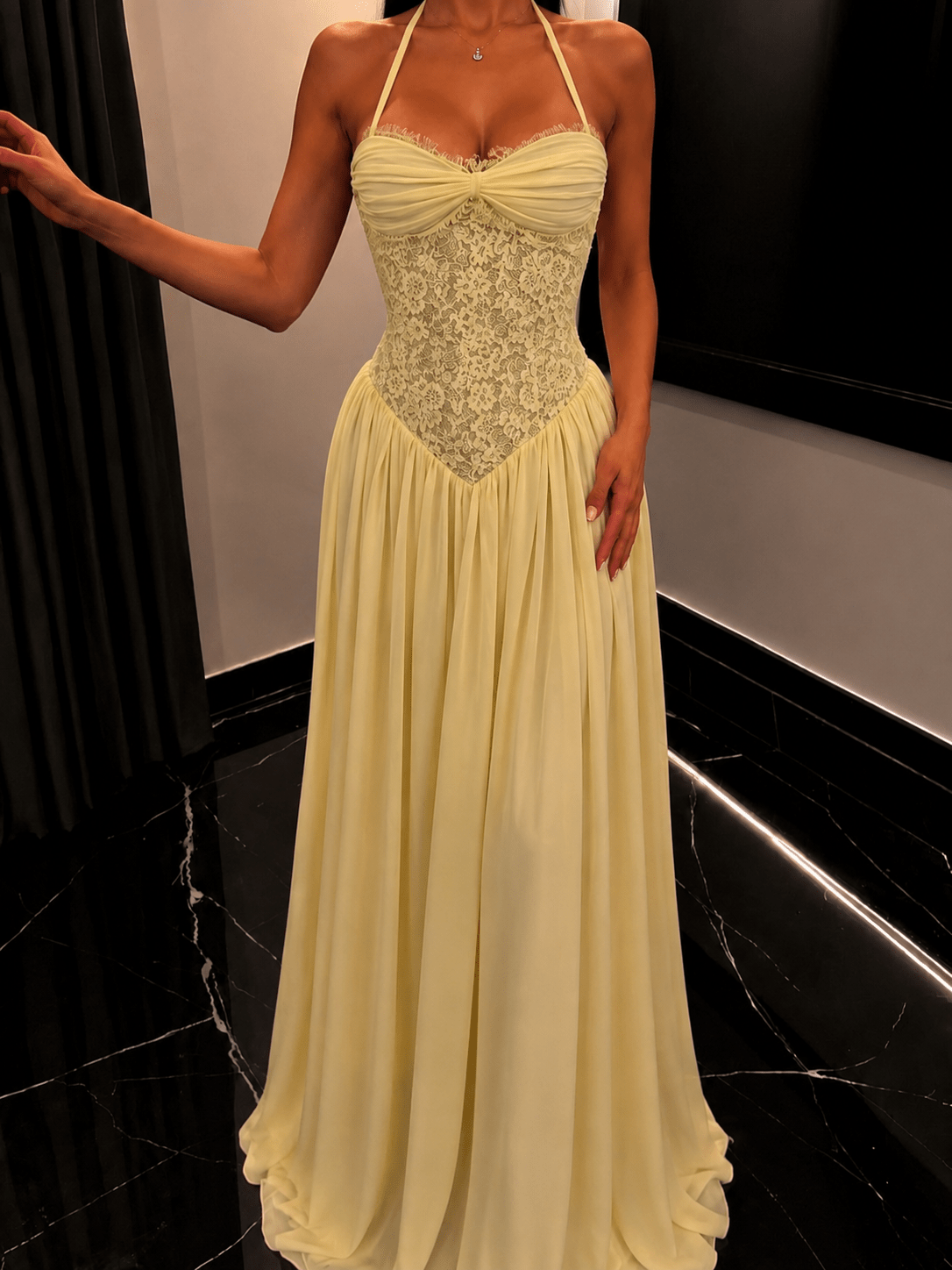 Gloria Halter Corset Maxi Dress - Yellow Chiffon Wedding Guest Formal Dress - Image 2