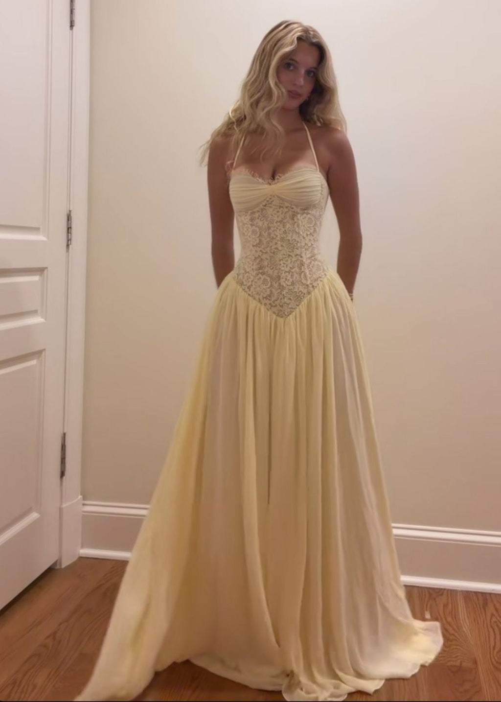 Gloria Halter Corset Maxi Dress - Yellow Chiffon Wedding Guest Formal Dress - Image 5