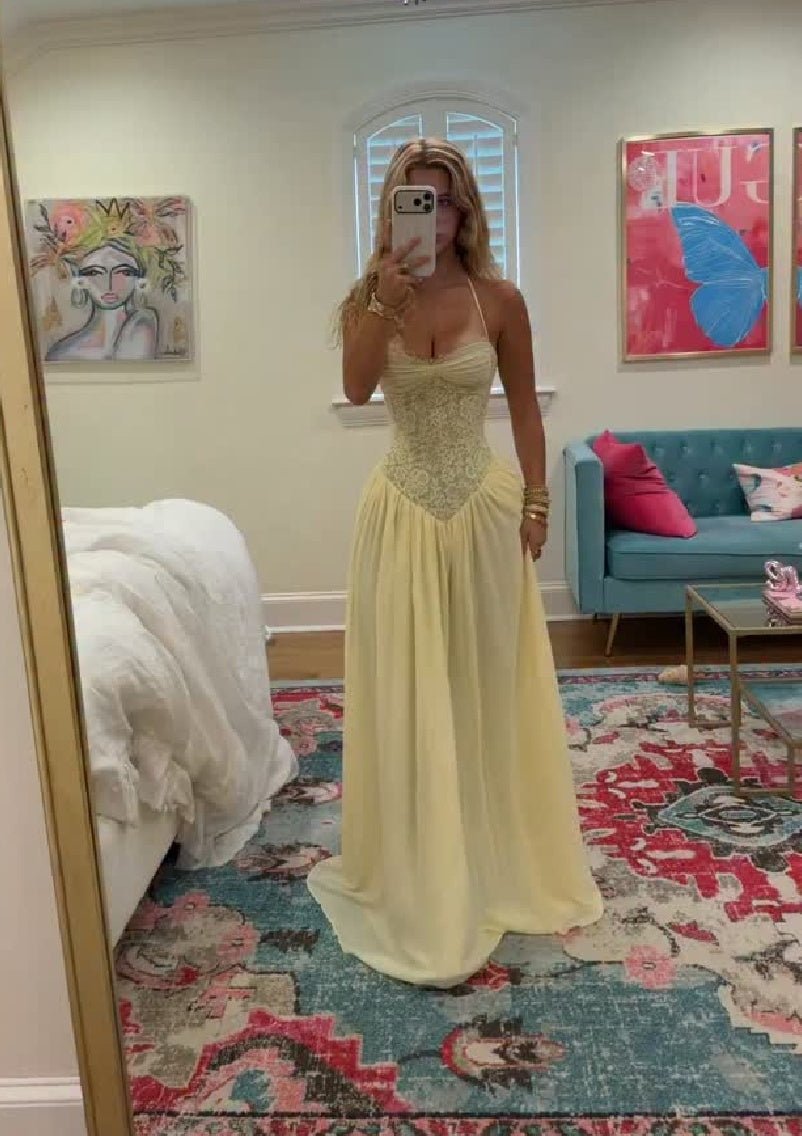 Gloria Halter Corset Maxi Dress - Yellow Chiffon Wedding Guest Formal Dress - Image 4