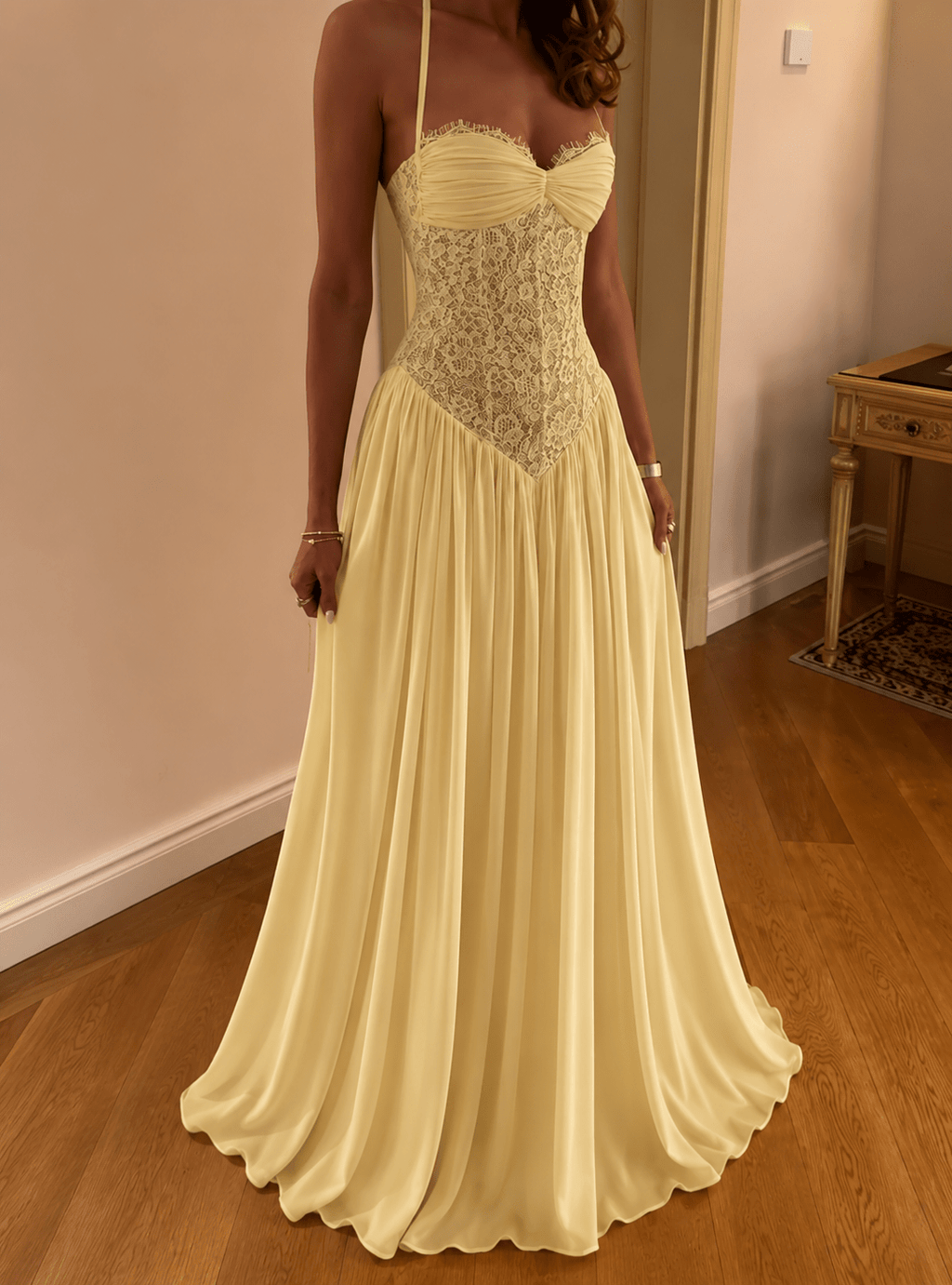 Gloria Halter Corset Maxi Dress - Yellow Chiffon Wedding Guest Formal Dress