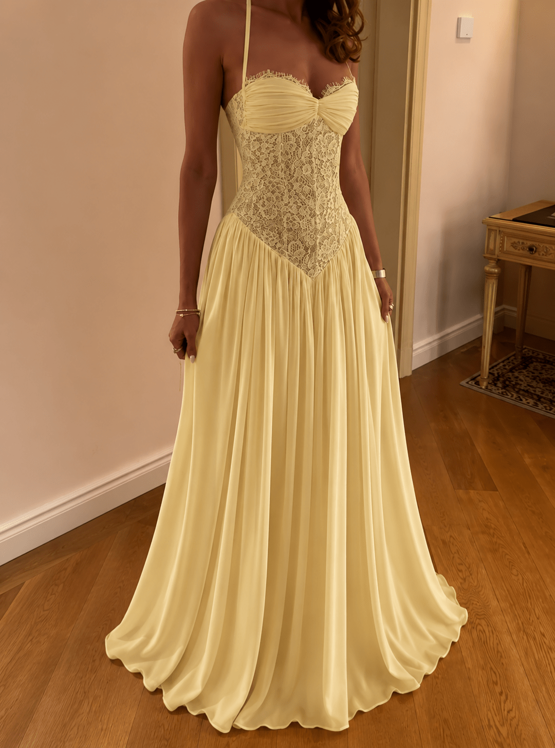 Gloria Halter Corset Maxi Dress - Yellow Chiffon Wedding Guest Formal Dress