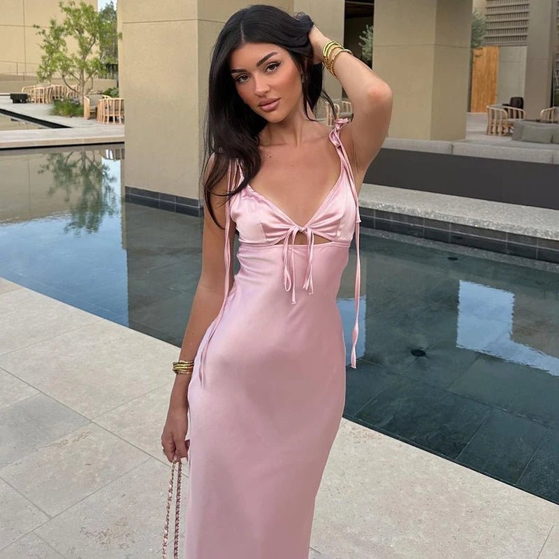 Aaliyah V-Neck Lace-Up Spaghetti Strap Maxi Dress - Elegant Occasion Dress for Women - Image 4