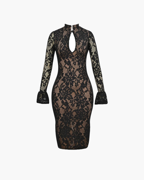 Amara Cut-Out Lace Midi Dress - Elegant Ruffle Sleeve Party Dress