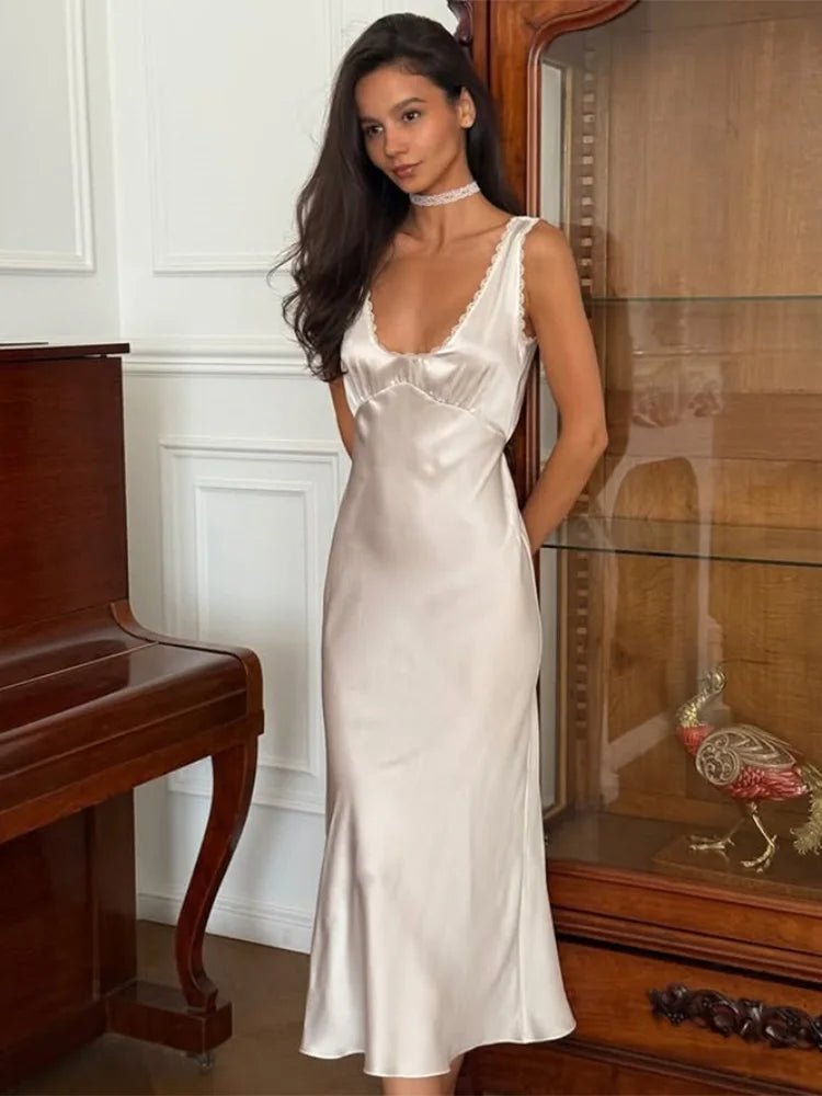 Angie Deep Neck Satin Midi Dress - Elegant Occasion Dress for Women - Image 3
