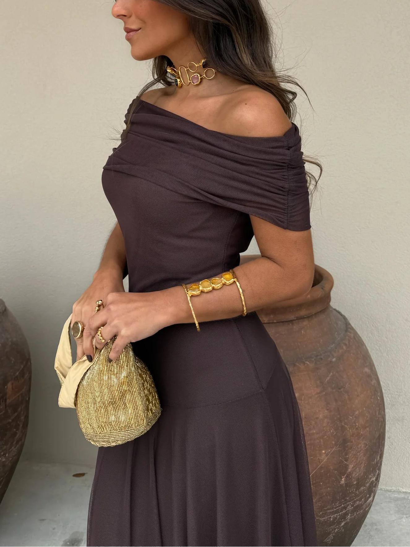 Anya Draped Chiffon Maxi Dress - Romantic Off Shoulder Dress for Garden Parties - Image 7