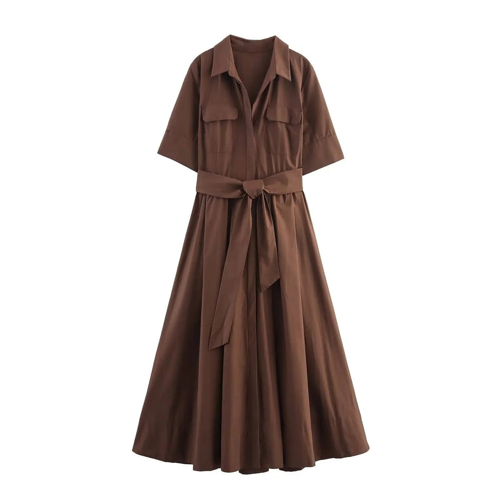 Ariane Belted Shirt Midi Dress - Women's Short Sleeve Collared Dress with Pockets - Image 15