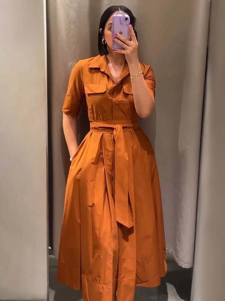 Ariane Belted Shirt Midi Dress - Women's Short Sleeve Collared Dress with Pockets - Image 5