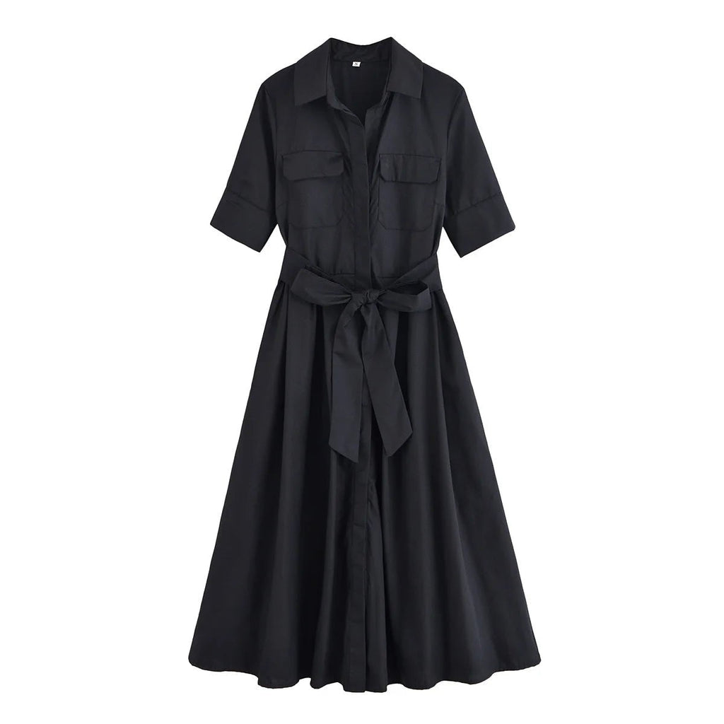 Ariane Belted Shirt Midi Dress - Women's Short Sleeve Collared Dress with Pockets - Image 12