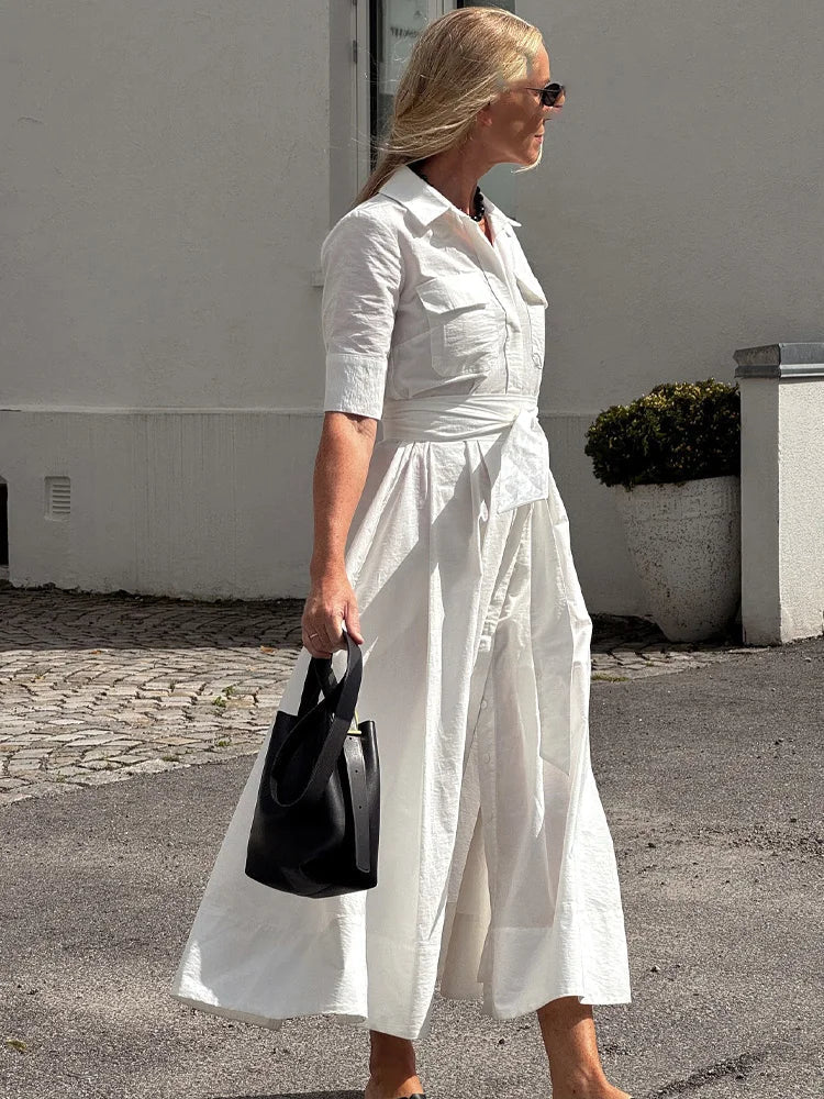 Ariane Belted Shirt Midi Dress - Women's Short Sleeve Collared Dress with Pockets - Image 2