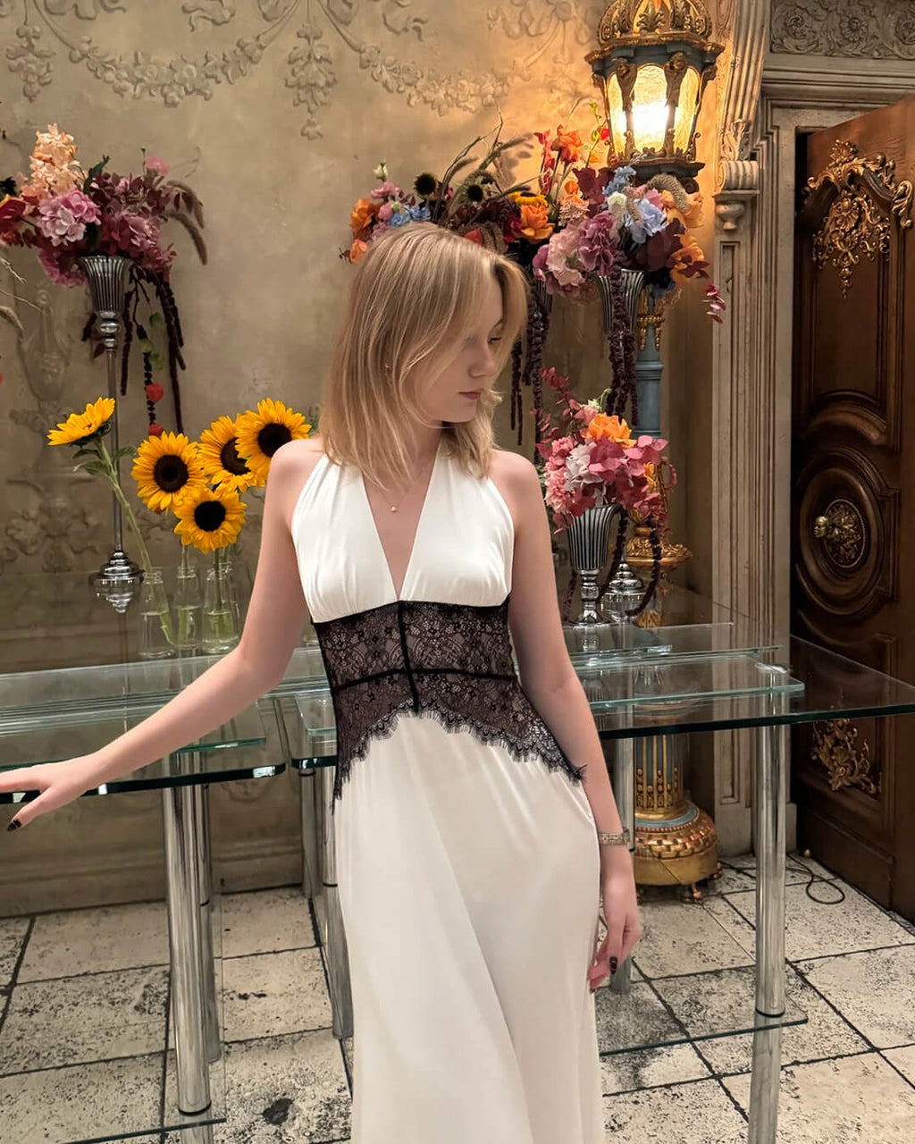 Astrid Backless Satin Maxi Dress with Lace Waist - Halter Evening Dress - Image 16