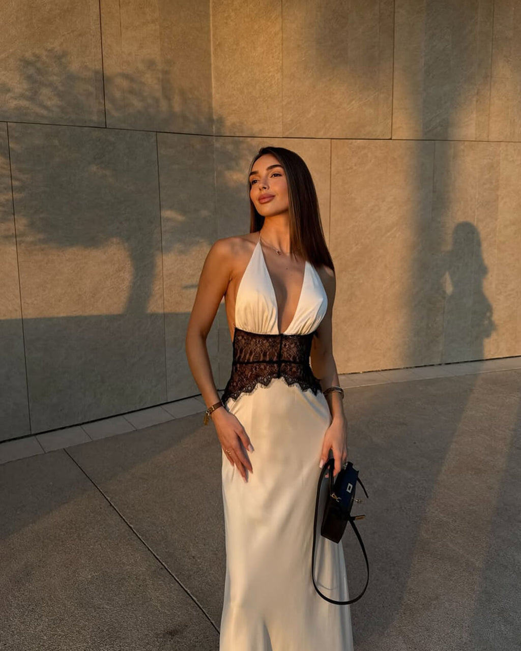 Astrid Backless Satin Maxi Dress with Lace Waist - Halter Evening Dress - Image 13