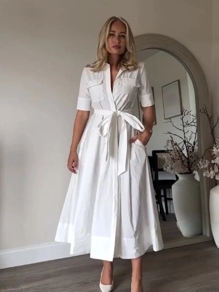 Beatrice Women's Belted Cotton Shirt Midi Dress