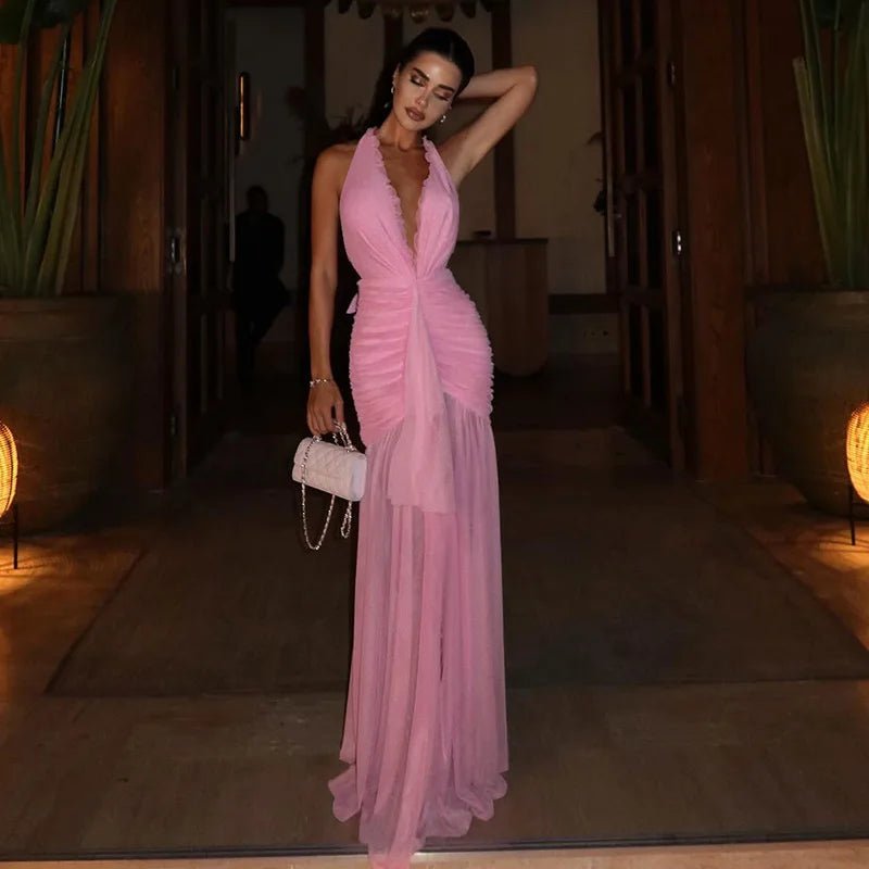 Angela Halter Mesh Maxi Dress - Elegant Occasion Dress for Women